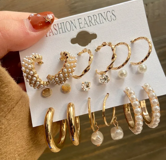 Trendy 9 Pearl Hoop Earrings Set